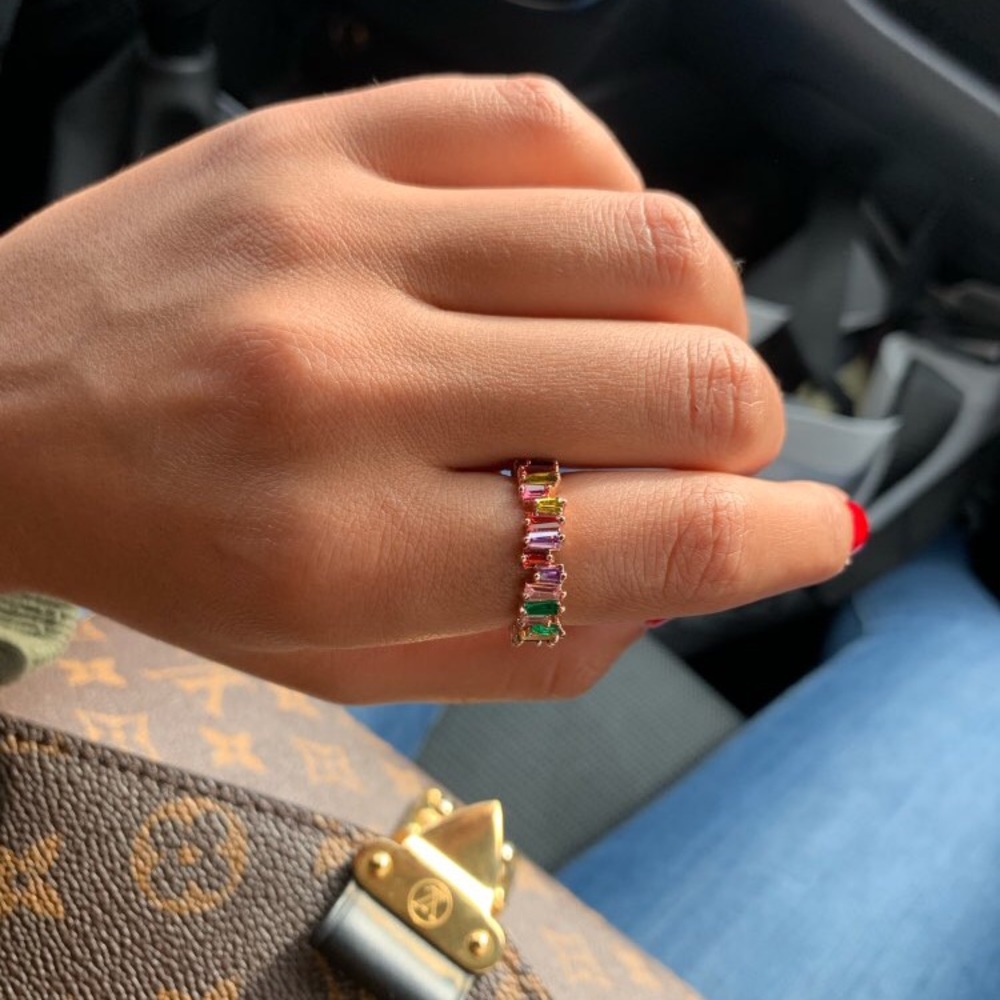 Rainbow Baguette Rose Gold Thin Stacker Ring - Picture 3 of 3